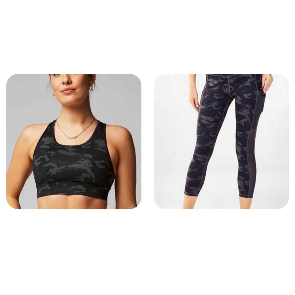 NWT Fabletics Charcoal Camo 2 Piece Set Sports Bra Capri Leggings Womens Size S